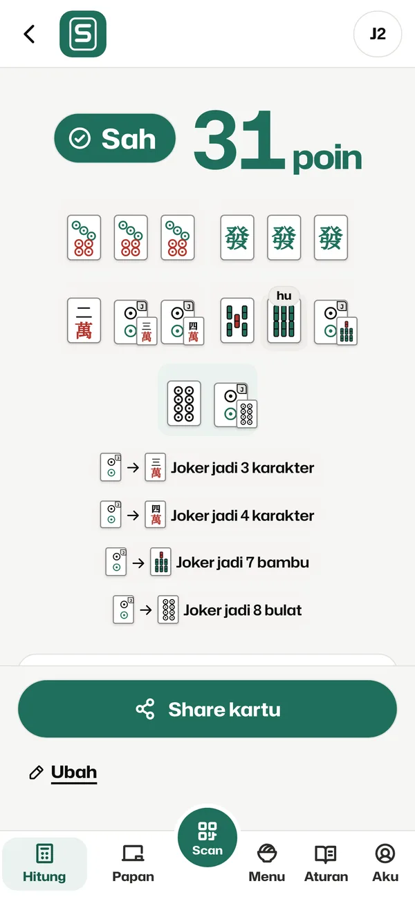 Hasil hitung J2 Indonesia: hand sah 31 poin dengan empat joker