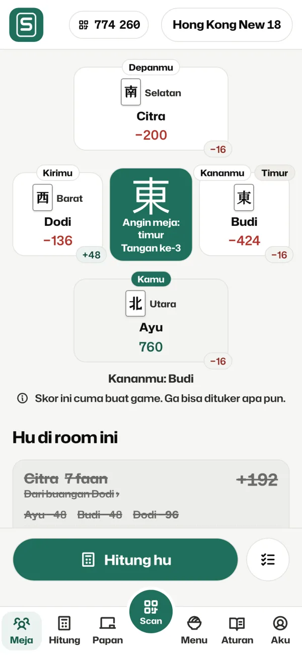 Layar room meja: empat pemain fiktif dengan skor live, aturan Hong Kong New 18